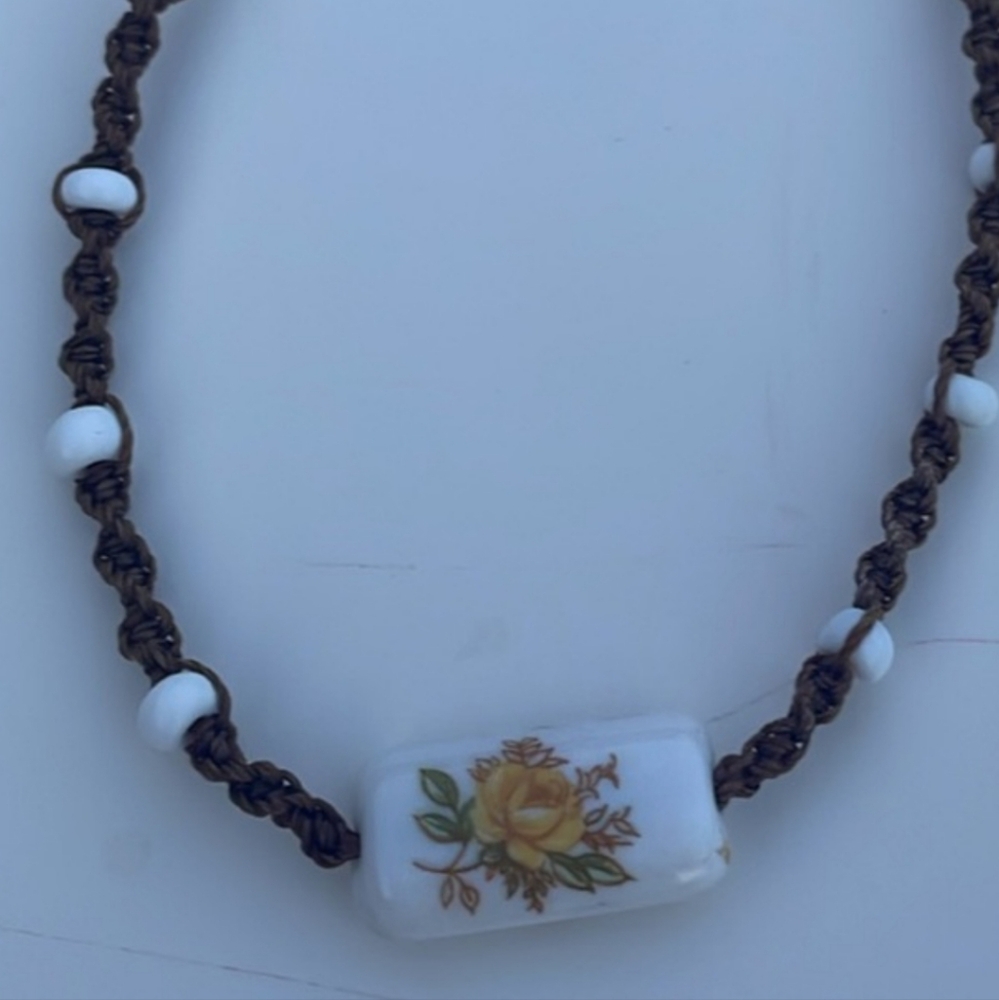 Elegant Floral Choker Necklace Macrame & Ceramic Beads. COTTAGE COASTAL